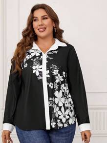 EMERY ROSE 大碼印花拼接邊襯衫 - 黑與白 - 查看 1