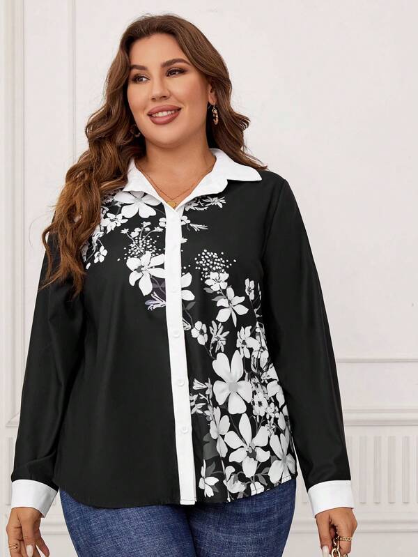 EMERY ROSE Talla grande Camisa con estampado floral ribete en contraste