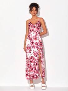 RAGLESS Designer Satin Kleid mit Blume Muster und Schlitz am Oberschenkel, elegant für Feiertage und Urlaub - Verschiedenfarbig - Übersicht 1