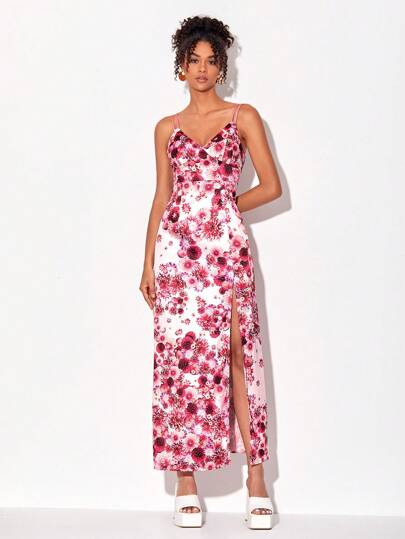 RAGLESS Vestido elegante con estampado floral, abertura lateral y tirantes de satén, para vacaciones y días festivos