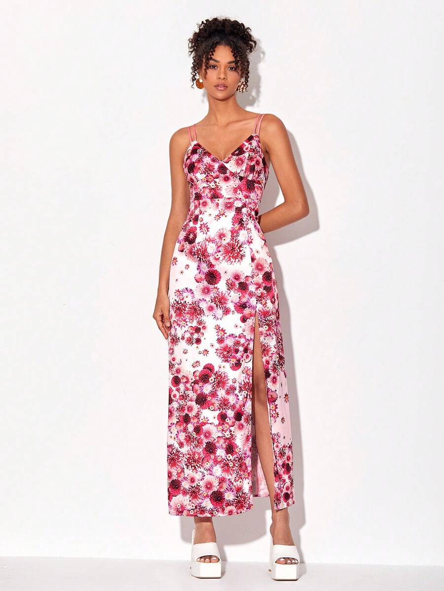 RAGLESS Designer Satin Kleid mit Blume Muster und Schlitz am Oberschenkel, elegant für Feiertage und Urlaub - Verschiedenfarbig - Übersicht 1
