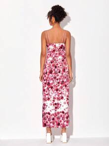 RAGLESS Designer Satin Kleid mit Blume Muster und Schlitz am Oberschenkel, elegant für Feiertage und Urlaub - Verschiedenfarbig - Übersicht 2