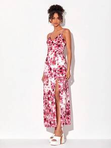 RAGLESS Designer Satin Kleid mit Blume Muster und Schlitz am Oberschenkel, elegant für Feiertage und Urlaub - Verschiedenfarbig - Übersicht 3