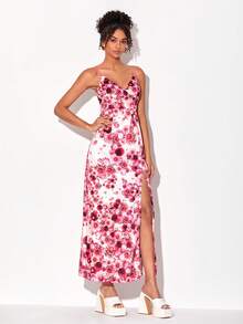 RAGLESS Designer Satin Kleid mit Blume Muster und Schlitz am Oberschenkel, elegant für Feiertage und Urlaub - Verschiedenfarbig - Übersicht 5