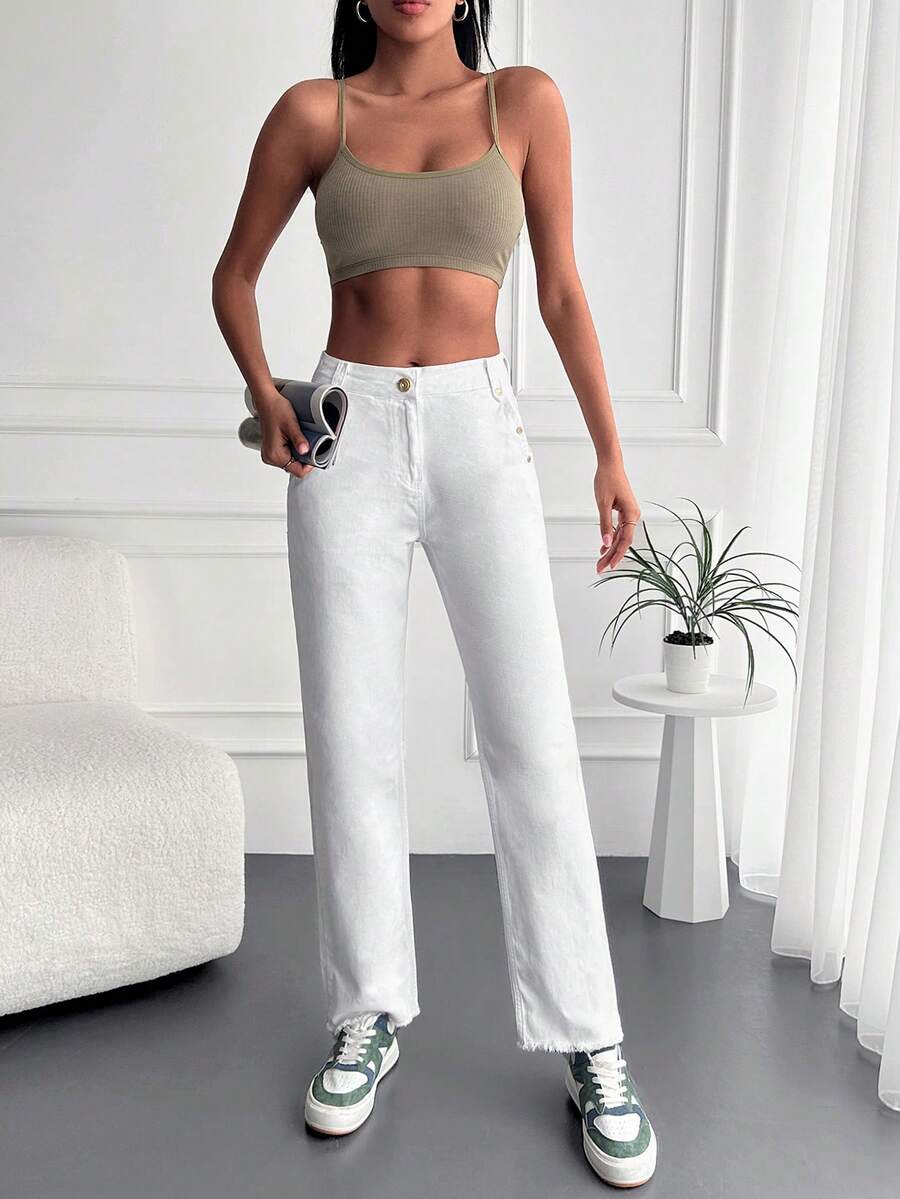 Cottnline Raw Hem Straight Leg Jeans - White - View 1