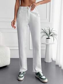 Cottnline Raw Hem Straight Leg Jeans - White - View 3