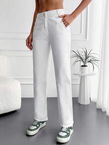 Cottnline Raw Hem Straight Leg Jeans - White - View 4