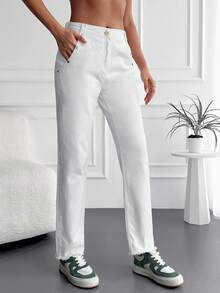 Cottnline Raw Hem Straight Leg Jeans - White - View 5