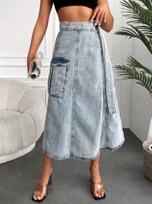EURMUSE Flap Pocket Tie Side Denim Skirt - Light Wash - View 1