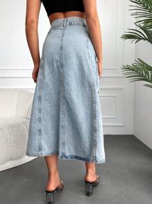 EURMUSE Flap Pocket Tie Side Denim Skirt - Light Wash - View 2