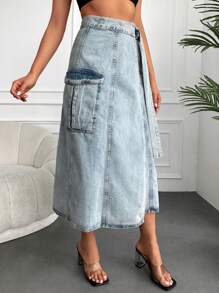 EURMUSE Flap Pocket Tie Side Denim Skirt - Light Wash - View 3