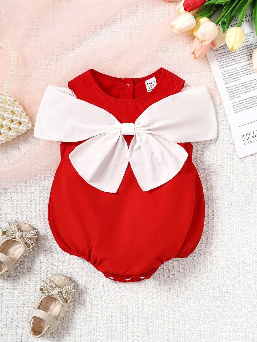 嬰兒前大蝴蝶結挖肩連體衣 - 紅白色 - 查看 1