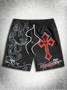 ROMWE MEN Goth Hombres Shorts cruzado con estampado de letra de cintura con cordón - Negro - Ver 1