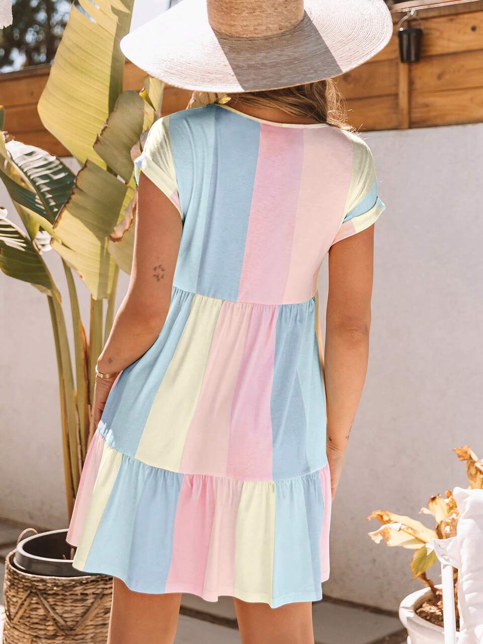 Acelitt Colorblock Ruffle Hem Smock Dress Casual Summer Elegant