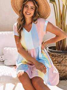 Acelitt Colorblock Ruffle Hem Smock Dress