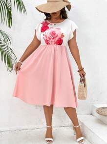 SHEIN Holidaya 大碼印花荷葉袖洋裝 - 粉色 - 查看 4