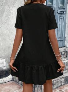 SHEIN VCAY Solid Button Front Ruffle Hem Smock Dress - Black - View 2