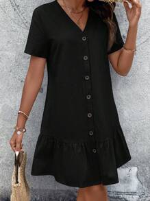 SHEIN VCAY Solid Button Front Ruffle Hem Smock Dress - Black - View 4