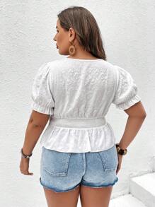 SHEIN Clasi Plus Square Neck Puff Sleeve Fringe Trim Asymmetrical Hem Blouse - White - View 2