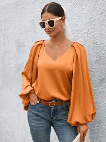 SHEIN Privé 燈籠袖素色襯衫 - 橘色 - 查看 3