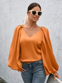 SHEIN Privé 燈籠袖素色襯衫 - 橘色 - 查看 4