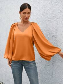 SHEIN Privé 燈籠袖素色襯衫 - 橘色 - 查看 5