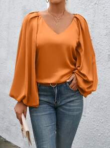 SHEIN Privé 燈籠袖素色襯衫 - 橘色 - 查看 6