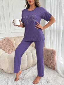 RueChic Letter Graphic Rib-knit Lounge Set - Violet Purple - View 4