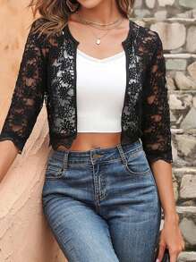 SHEIN LUNE Open Front Crop Lace Jacket - Black - View 3