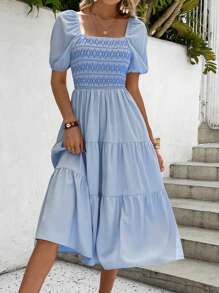 Breezaya Geo Print Square Neck Ruffle Hem Dress Maxi Vacation Beach Outfits Women - Baby Blue - View 1