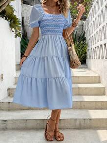 Breezaya Geo Print Square Neck Ruffle Hem Dress Maxi Vacation Beach Outfits Women - Baby Blue - View 3