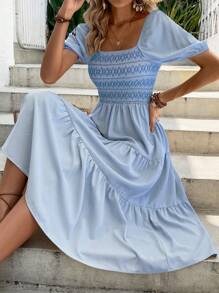 Breezaya Geo Print Square Neck Ruffle Hem Dress Maxi Vacation Beach Outfits Women - Baby Blue - View 4