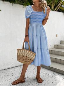 Breezaya Geo Print Square Neck Ruffle Hem Dress Maxi Vacation Beach Outfits Women - Baby Blue - View 5