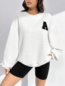SHEIN EZwear Thư được vá Thả vai Áo nỉ - trắng - Xem 4