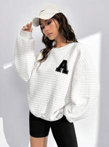 SHEIN EZwear Thư được vá Thả vai Áo nỉ - trắng - Xem 5