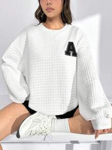 SHEIN EZwear Thư được vá Thả vai Áo nỉ - trắng - Xem 6