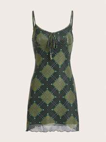 SHEIN EZwear In Địa lý Tie Trước Váy Dây - màu xanh lá - Xem 1