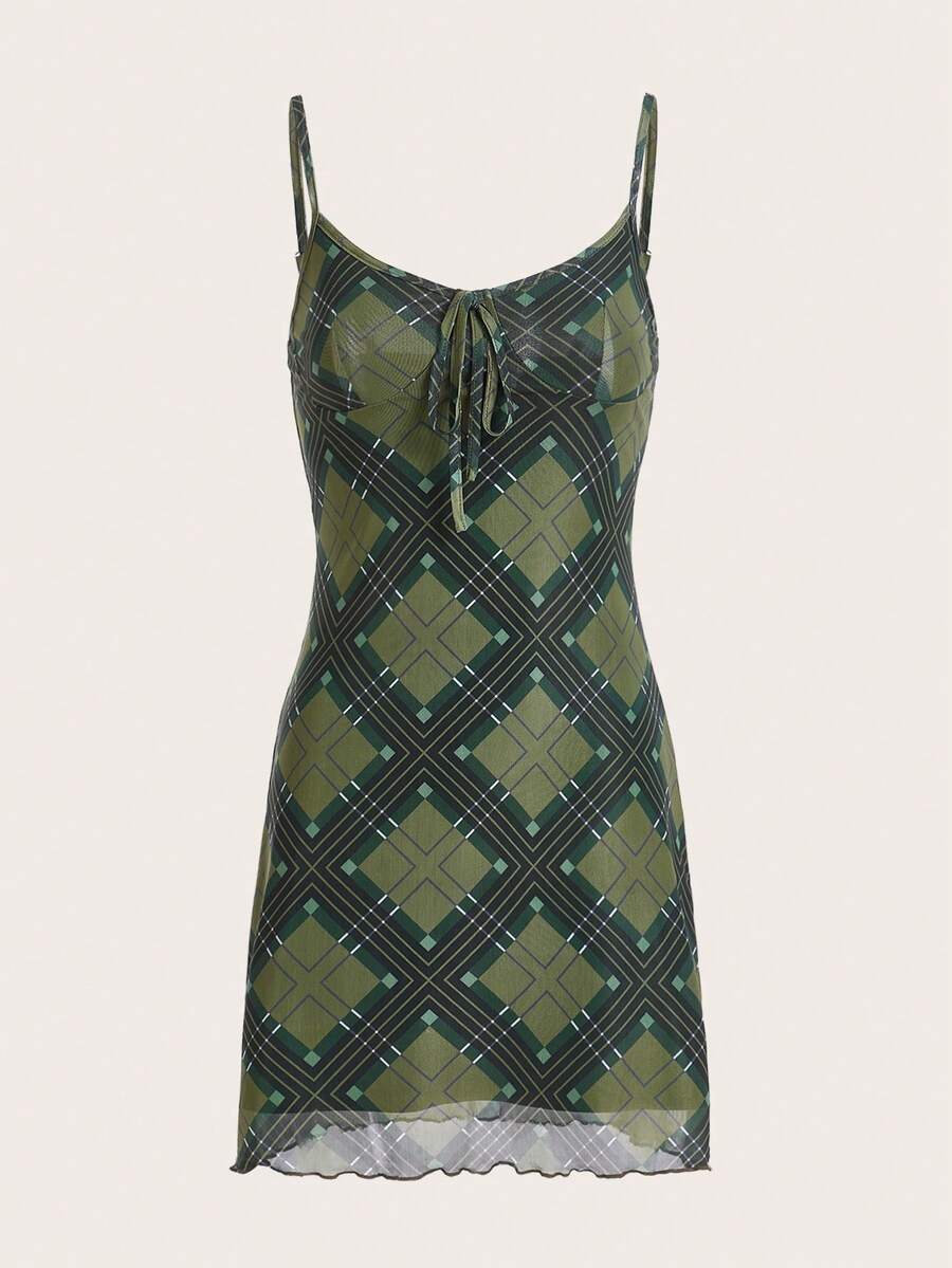 SHEIN EZwear In Địa lý Tie Trước Váy Dây - màu xanh lá - Xem 1