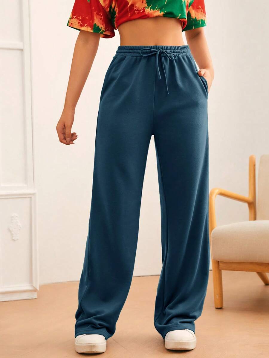 SHEIN Tall Solid Drawstring Waist Slant Pocket Joggers - Teal Blue - View 1