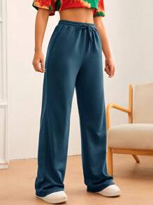 SHEIN Tall Solid Drawstring Waist Slant Pocket Joggers - Teal Blue - View 3