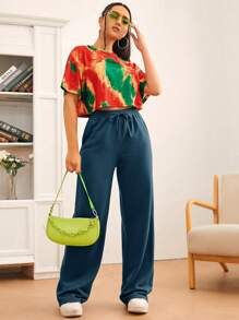 SHEIN Tall Solid Drawstring Waist Slant Pocket Joggers - Teal Blue - View 4