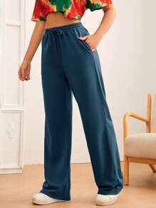 SHEIN Tall Solid Drawstring Waist Slant Pocket Joggers - Teal Blue - View 5