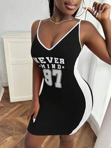Slaydiva Đồ họa Chữ cái Tương phản ràng buộc Váy Cami Bodycon - màu đen - Xem 4