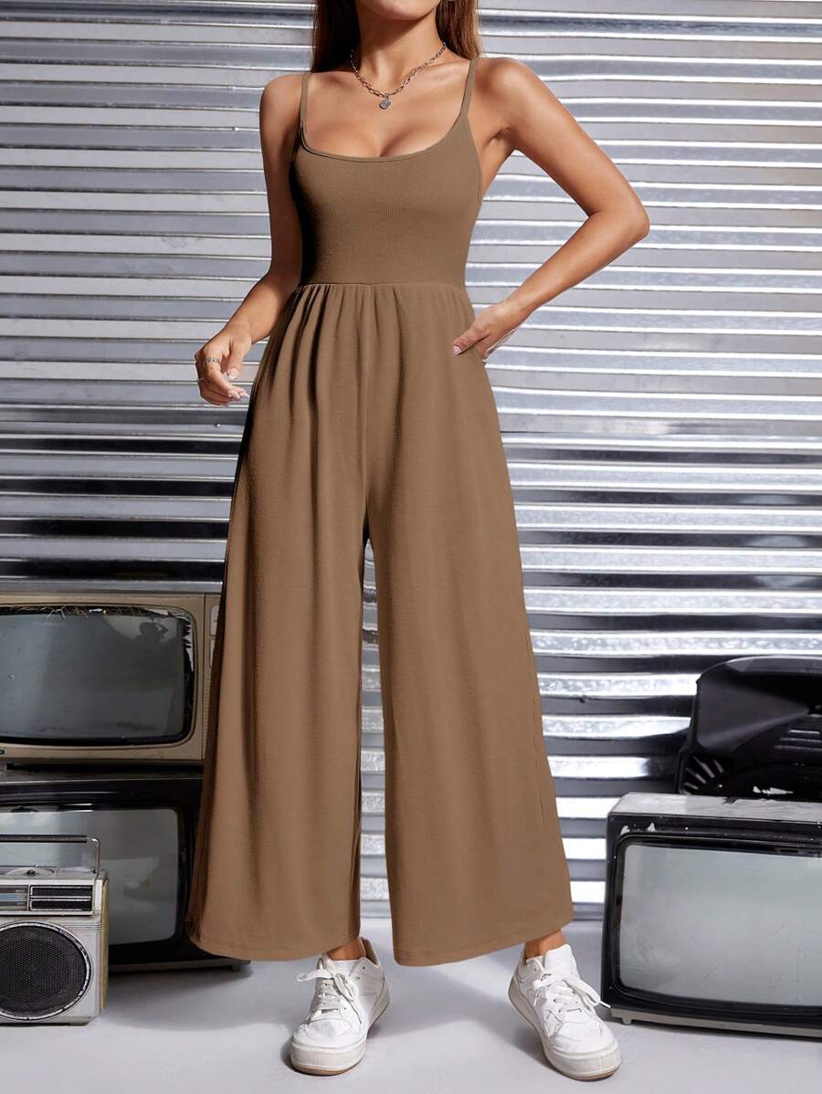 SHEIN PETITE Solid Wide Leg Cami Jumpsuit - Camel - View 1