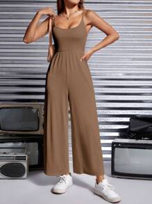 SHEIN PETITE Solid Wide Leg Cami Jumpsuit - Camel - View 3