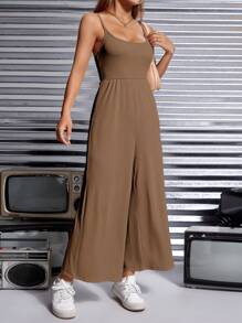 SHEIN PETITE Solid Wide Leg Cami Jumpsuit - Camel - View 4