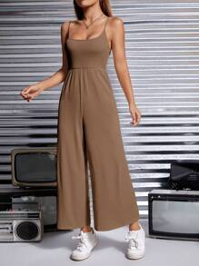 SHEIN PETITE Solid Wide Leg Cami Jumpsuit - Camel - View 5