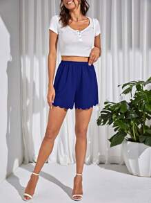 SHEIN Tall Cắt vỏ sò Eo đàn hồi Quần short - Màu xanh lam - Xem 5