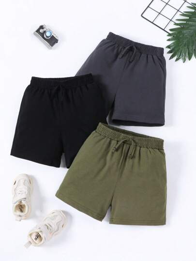 男小童3入組素色前打結短褲
