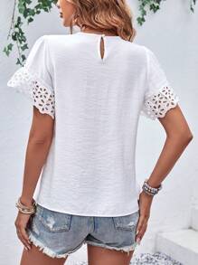 SHEIN VCAY 網眼刺繡荷葉袖襯衫 - 白色 - 查看 2